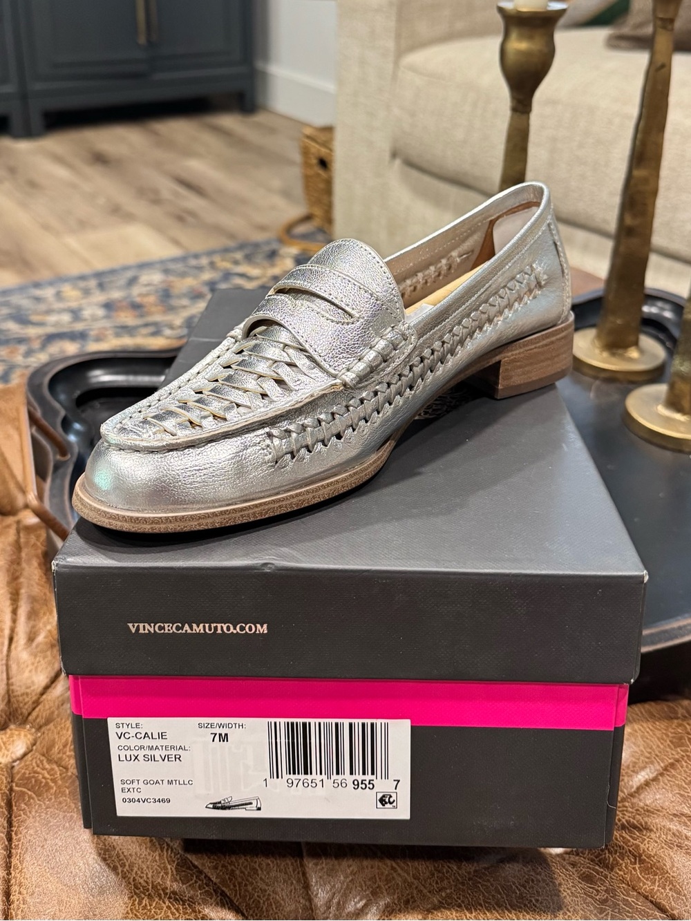 Vince Camuto Metallic Silver Woven Leather Penny Loafer Size 7